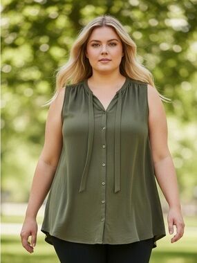 Torrid Olive Green Sleeveless Blouse Size 1 (1X) Flowy Button Front Tie Neck Top